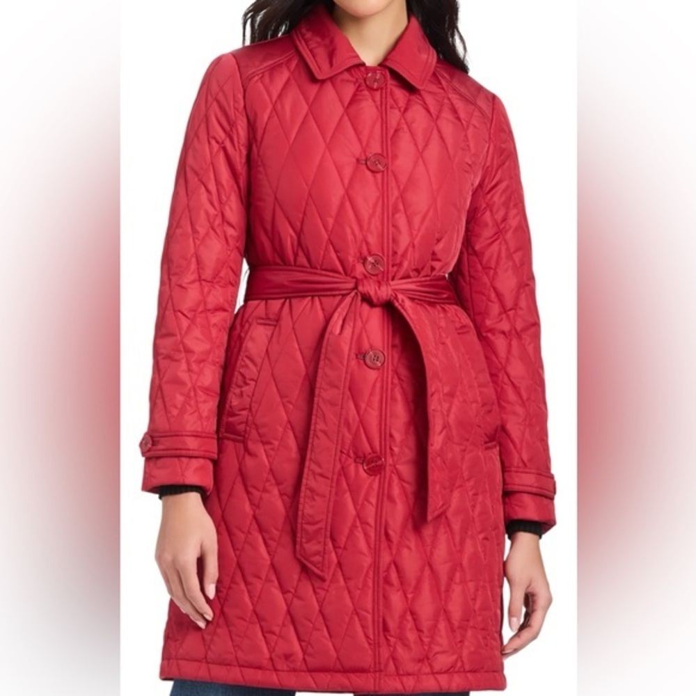 Kate Spade New York Long Garnet Red Belted Quilted Jacket Trench Coat::NWT::